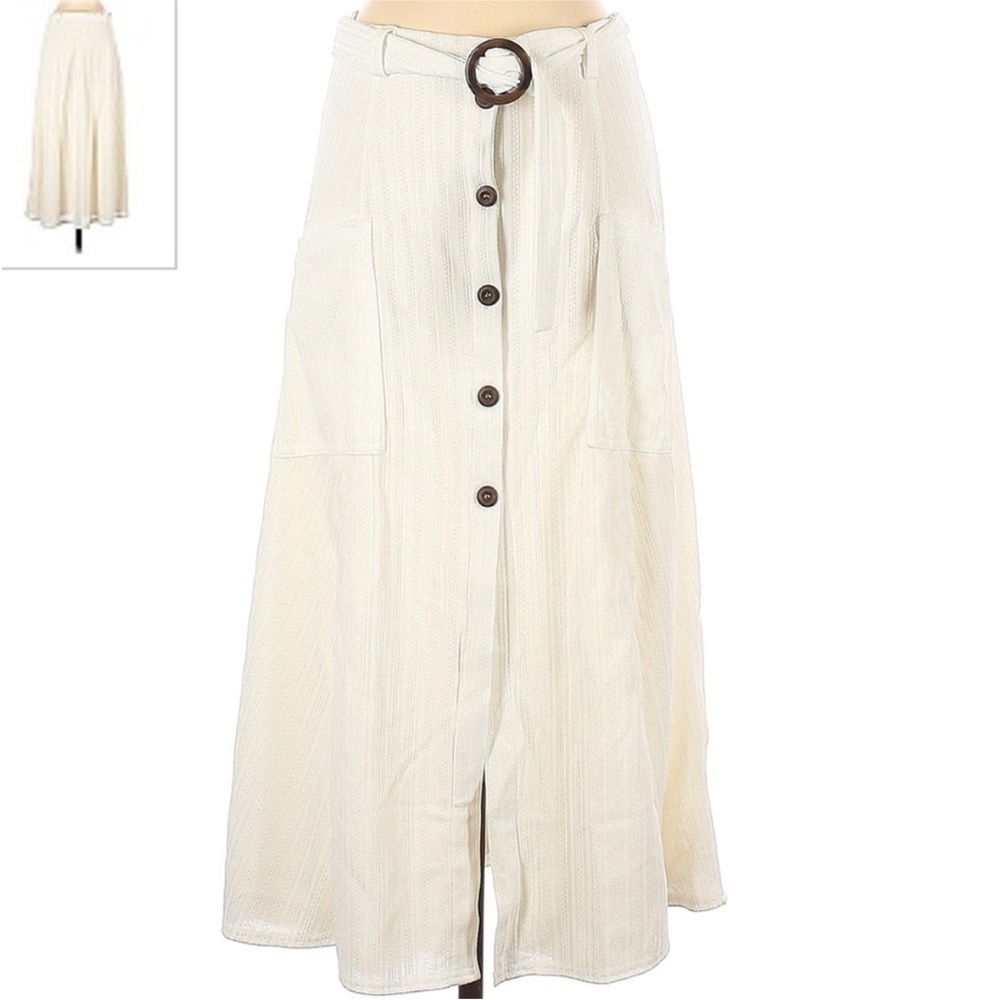 Code x Mode cream button front textured belted  midi skirt size small Pockets!
